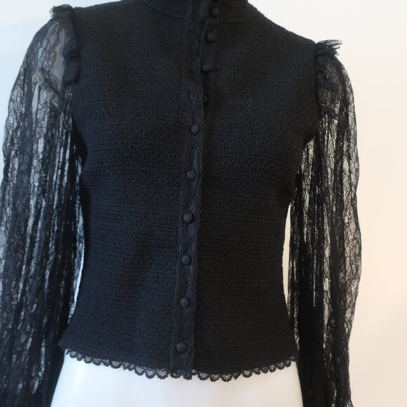 Womens Alice + Olivia Black Knit Button Down Blouse W/Lace Sheer Sleeves M - Picture 4 of 13